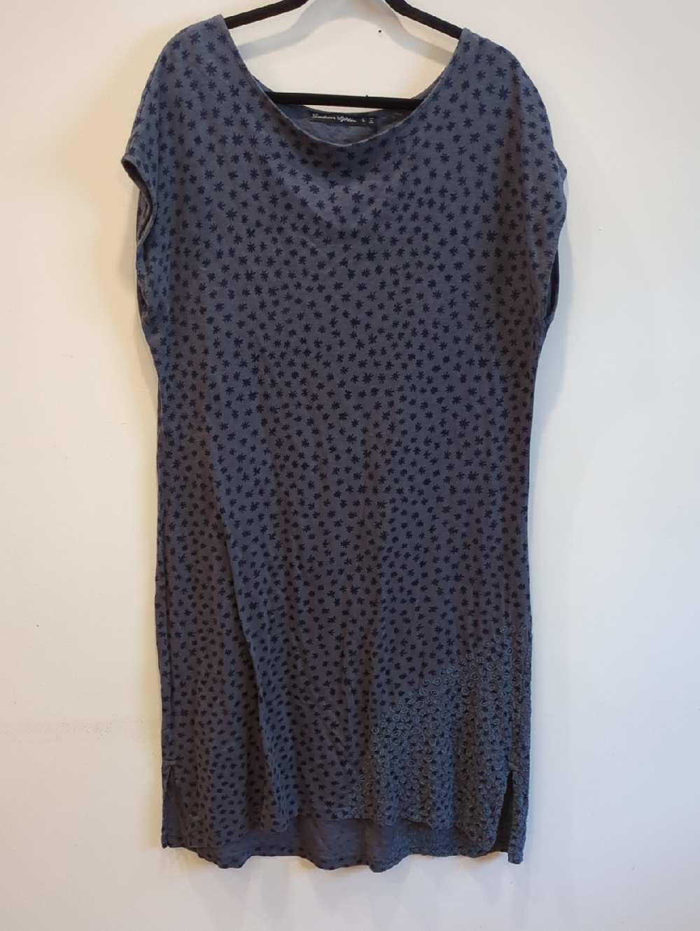 Gudrun Sjoden Blue Grey Star Print T shirt Dress Cotton Large Lagenlook Artsy